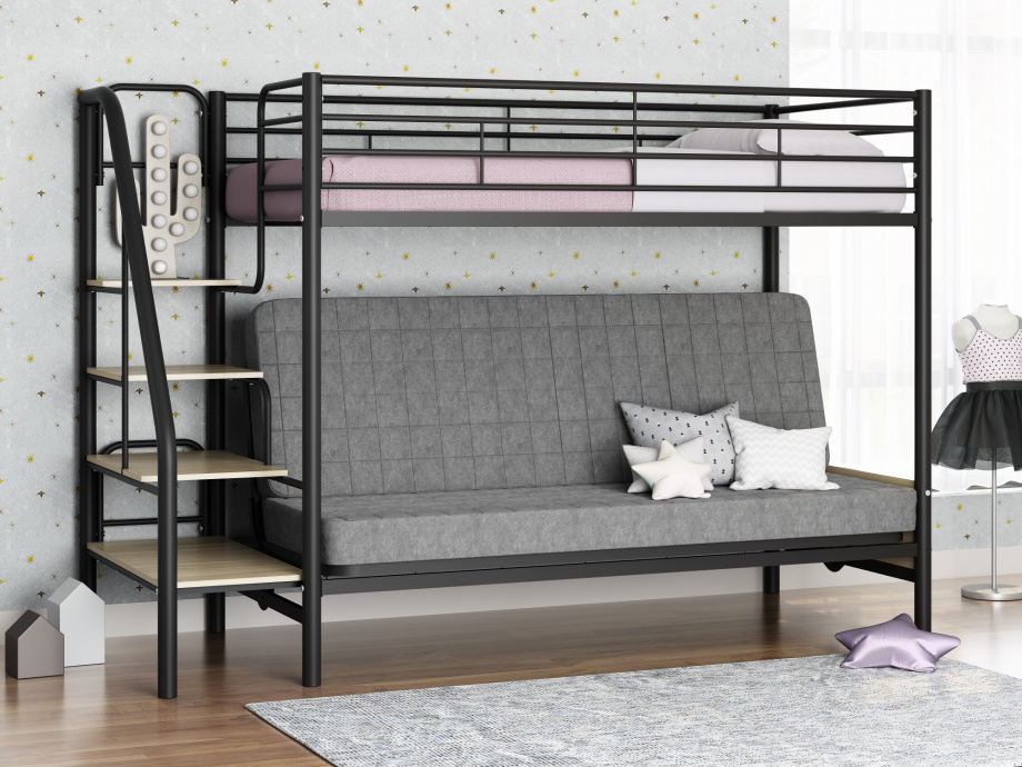Кровать двухъярусная с диваном Мадлен 3, цвет коричневый/серый