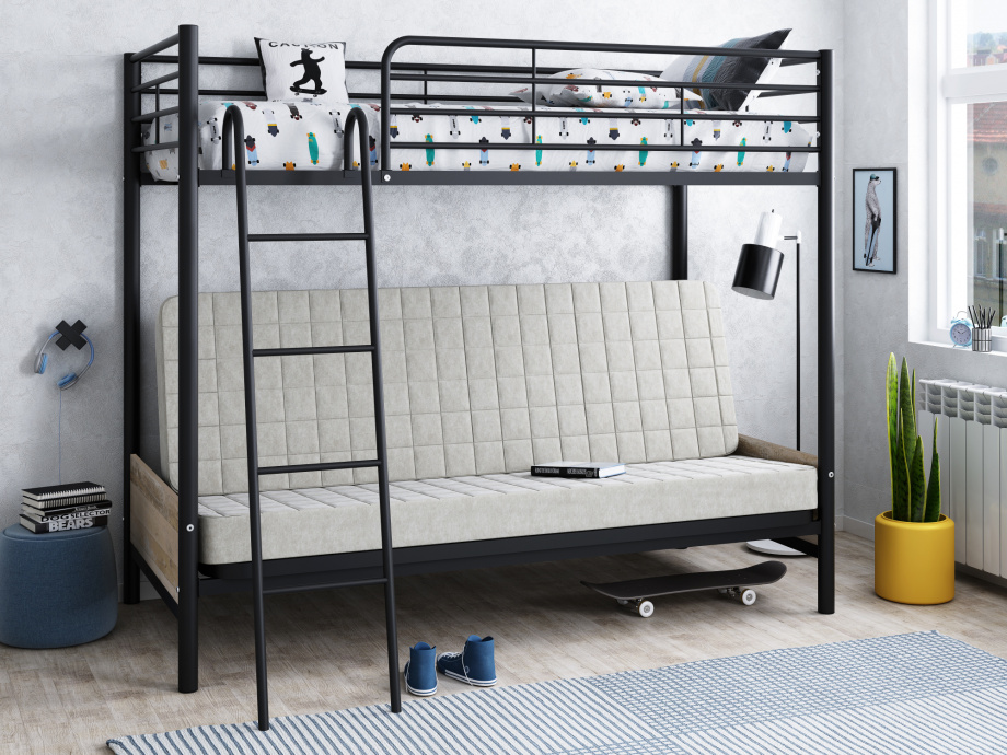Кровать двухъярусная с диваном Мадлен 2, цвет черный/бежевый