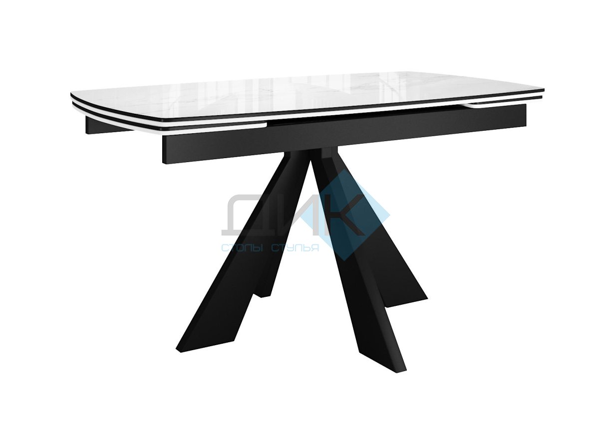 Стол DikLine SFU120 стекло белое мрамор глянец,подстолье черное, опоры черные