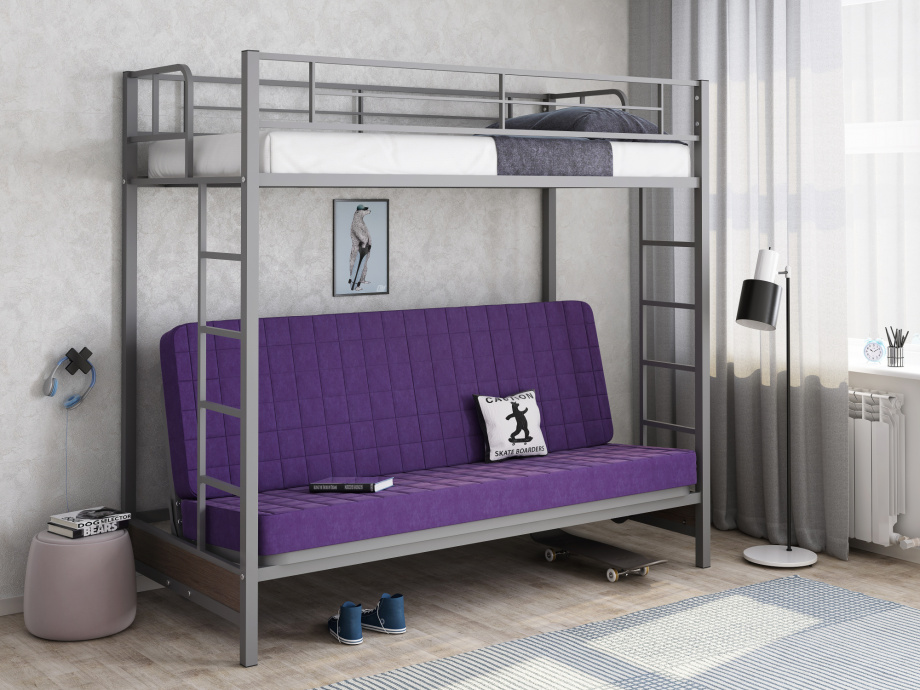 Кровать двухъярусная с диваном Мадлен, цвет серый, ткань фиолетовая