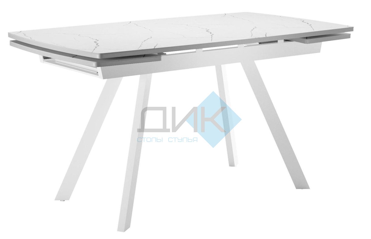 Стол обеденный раздвижной DikLine UK120 Керамика Белый мрамор, подстолье белое, опоры белые