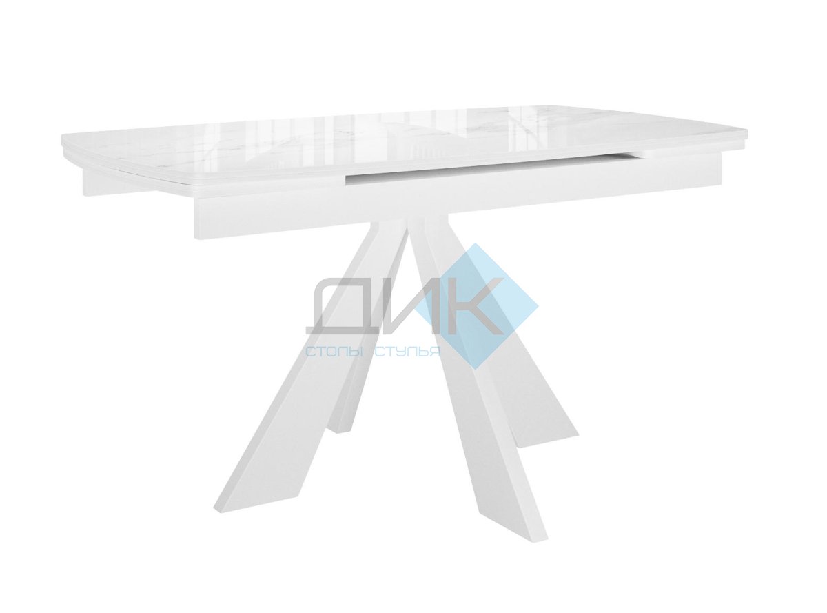 Стол DikLine SFU120 стекло белое мрамор глянец, подстолье белое, опоры белые